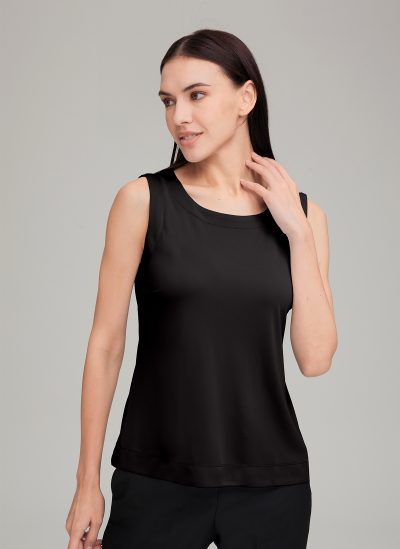 SMART KNIT 2292 is Black scooped neckline, jersey knit top, and is transeasonal